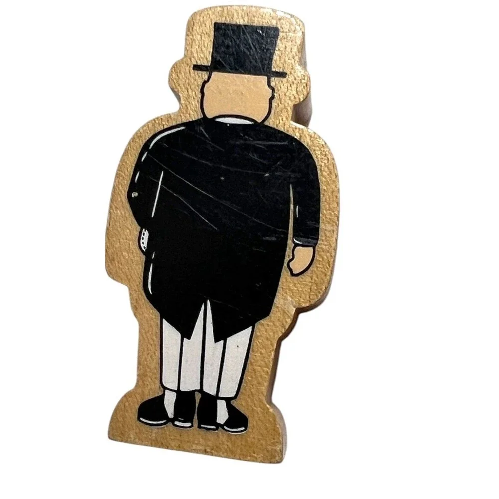 Painted Wooden Gentleman Figure in Black Suit with Top Hat & Umbrella